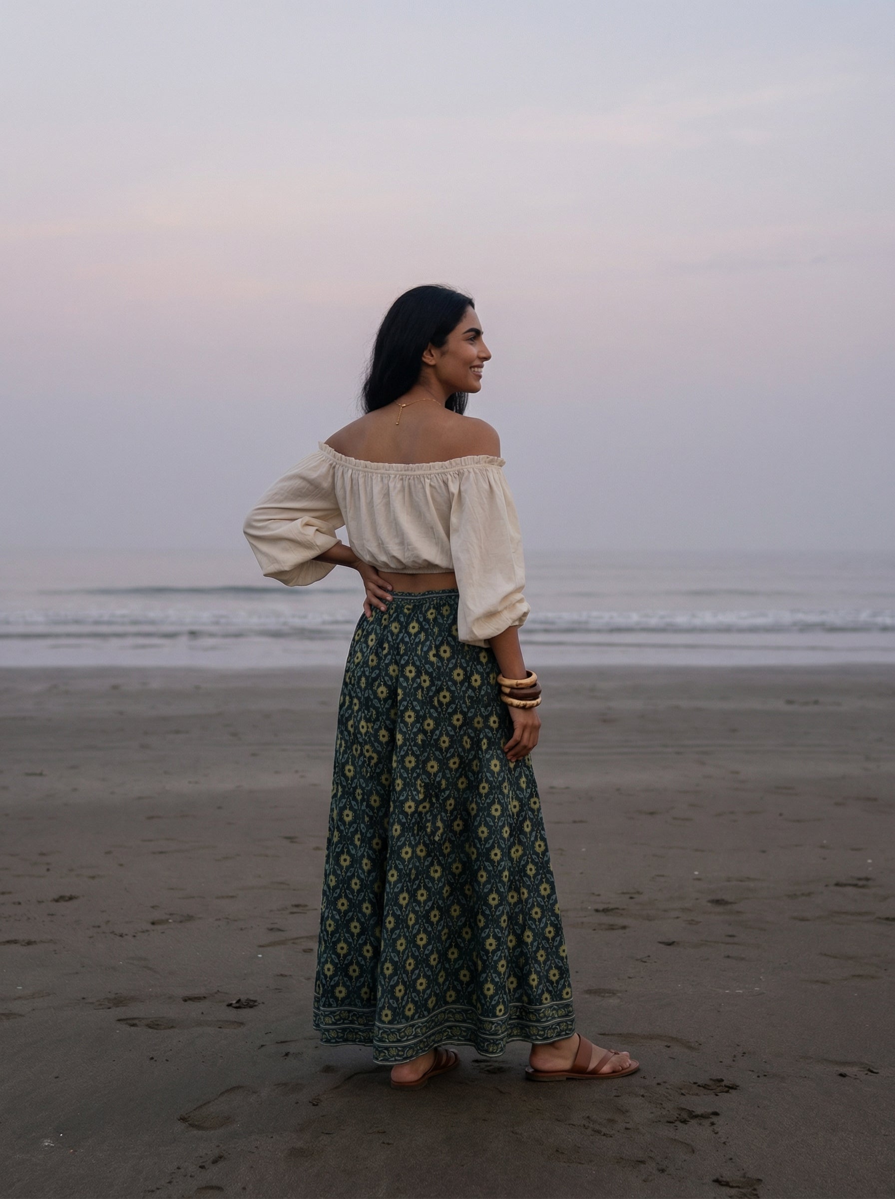 Handprinted Cotton Maxi Green Skirt