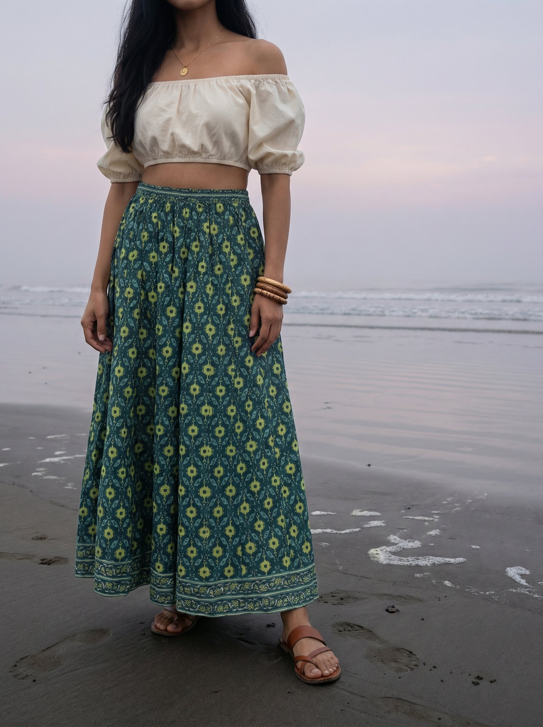 Handprinted Cotton Maxi Green Skirt