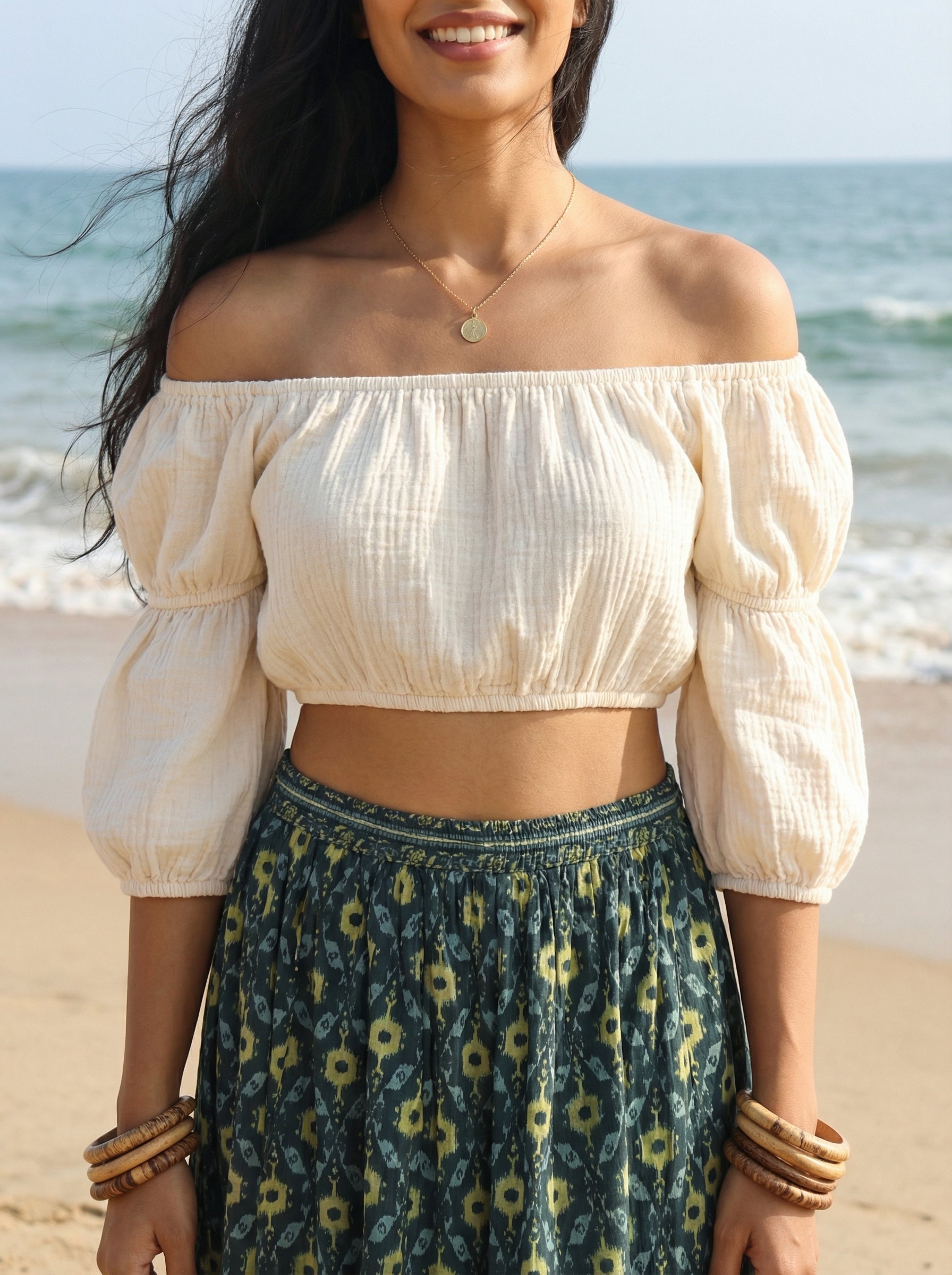 Handprinted Cotton Maxi Green Skirt