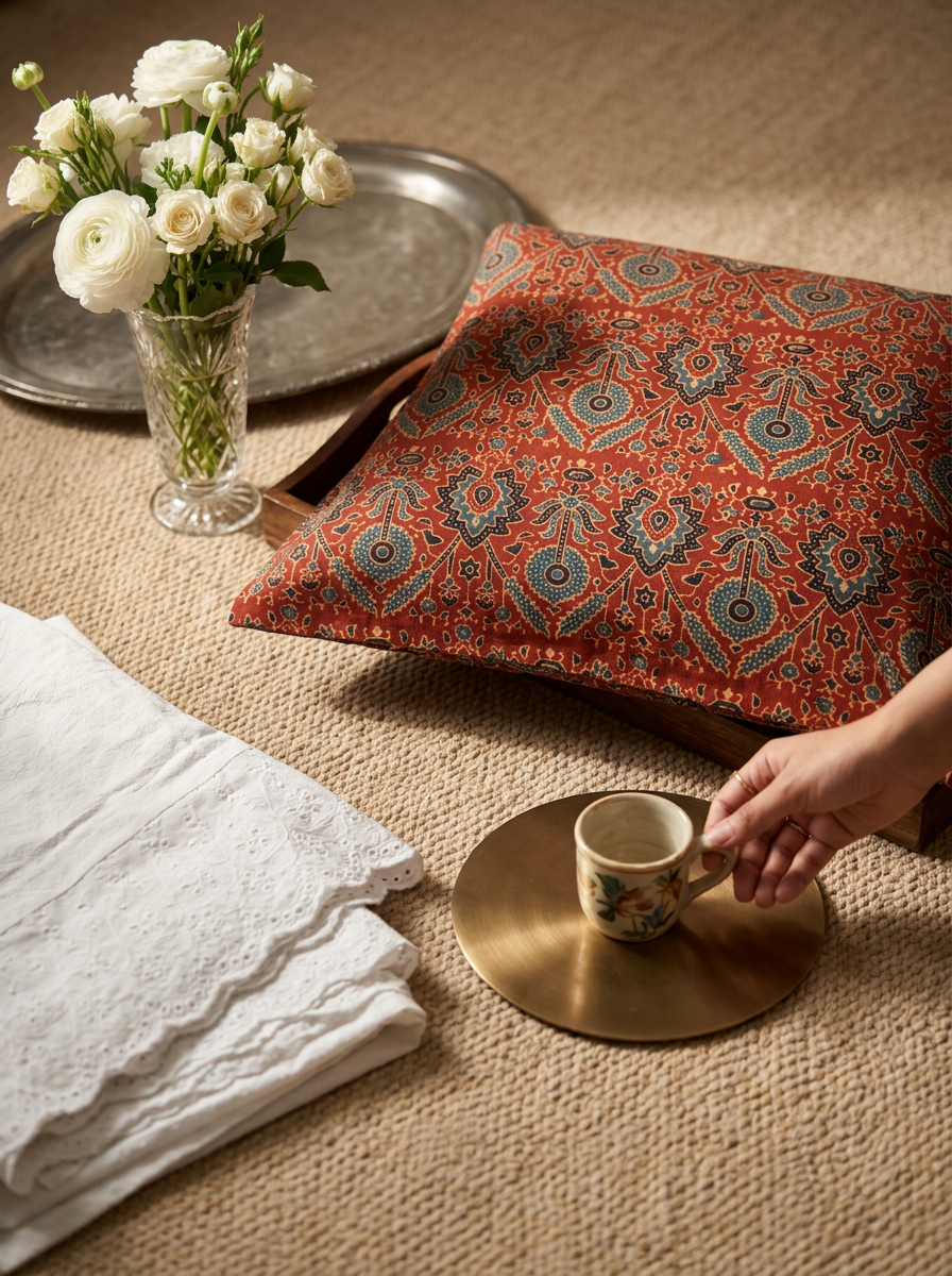Ajrakh Modal Dense Paisley Garden Red Cushion Cover