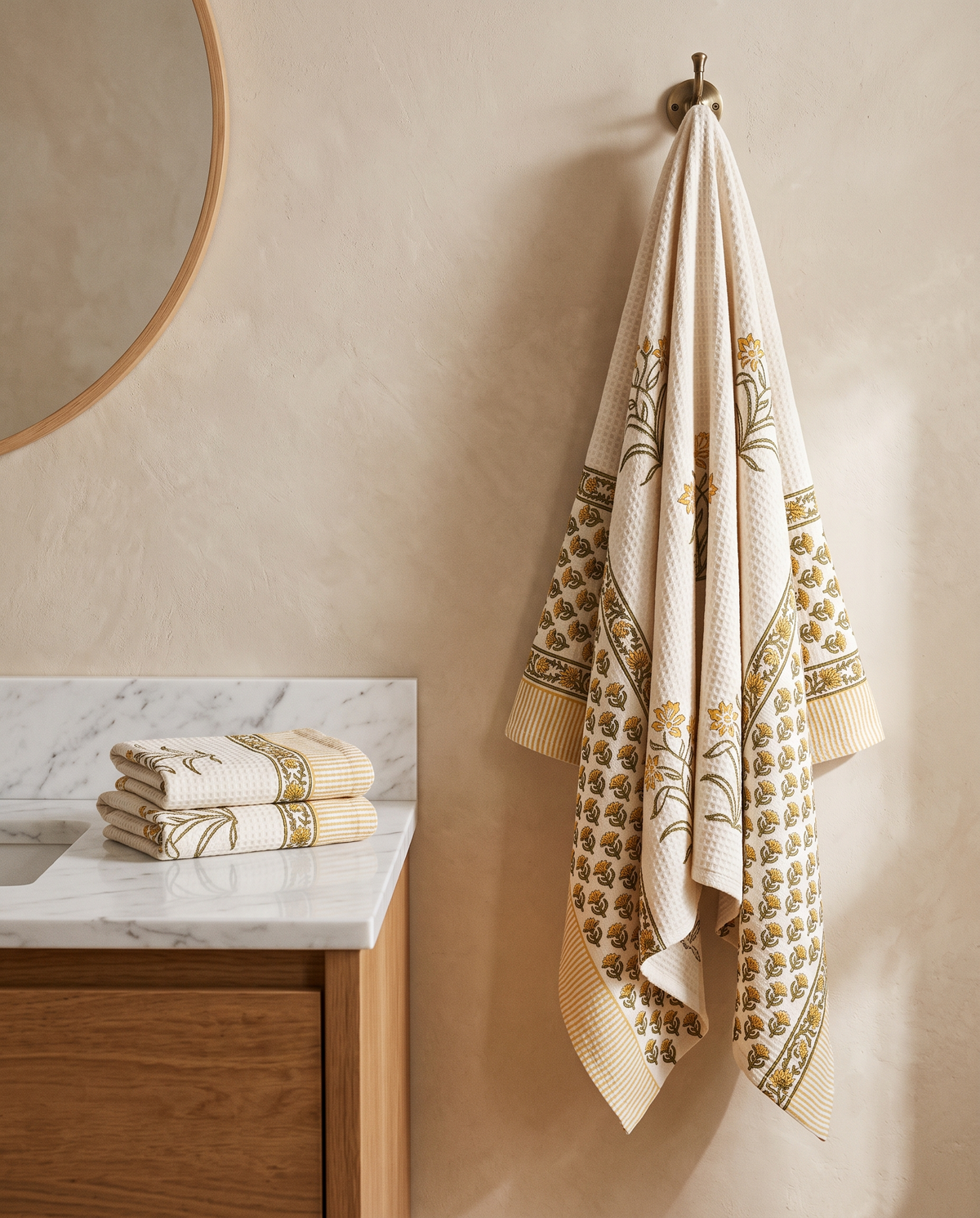 SUNLIT MARIGOLD HAND BLOCK WAFFLE BATH TOWEL SET