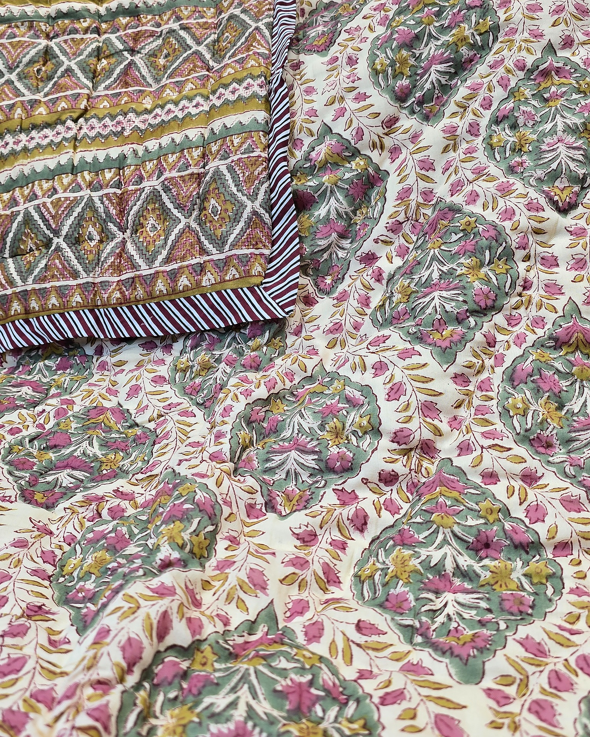 MEHER FLORAL IVORY HAND BLOCK REVERSIBLE QUILT