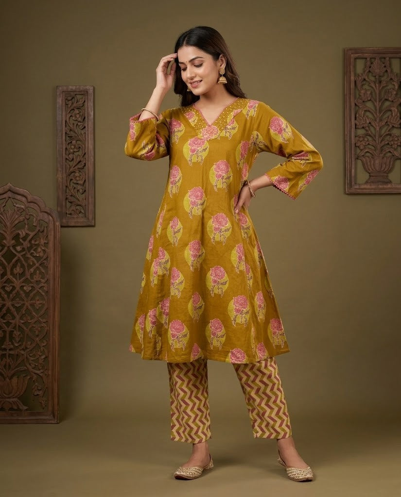 MUSTARD YELLOW FLORAL DESIGN PREMIUM COTTON KURTA PANT SET
