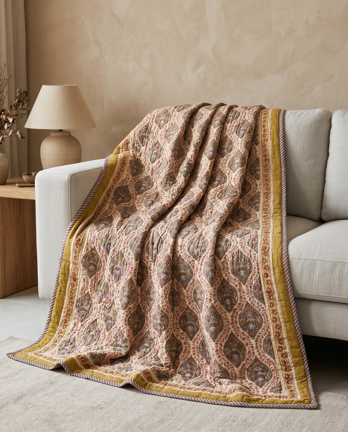 MEHER FLORAL IVORY HAND BLOCK REVERSIBLE QUILT