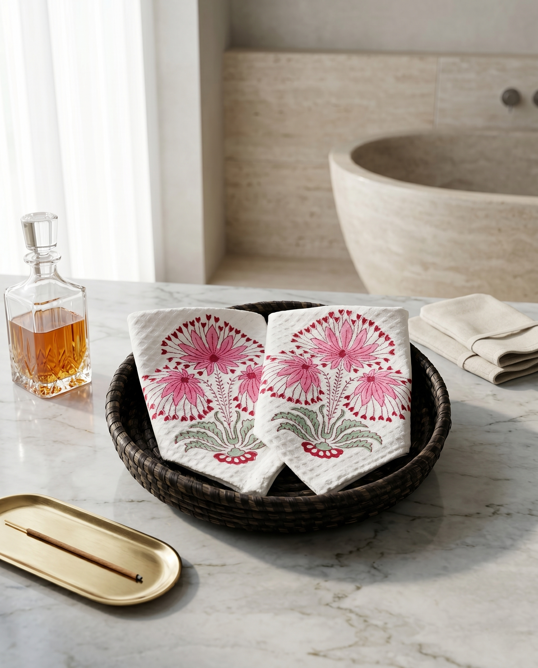 PINK FLORAL CLUSTER FACE TOWEL (HANDBLOCK)