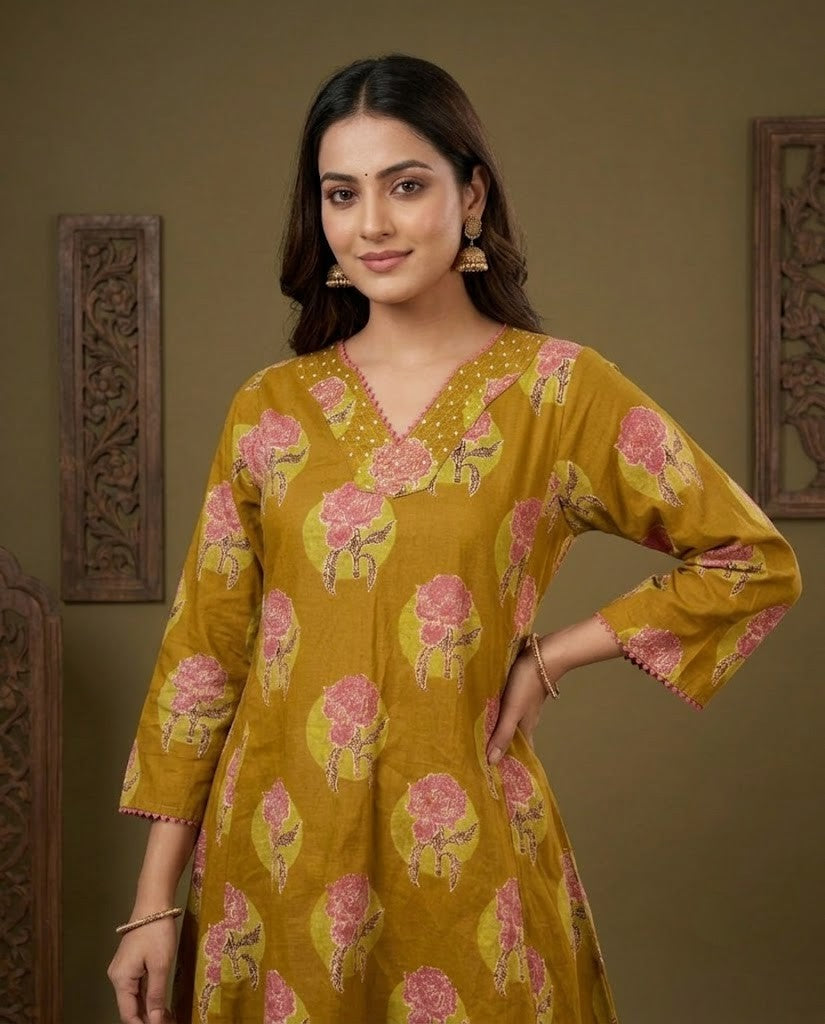 MUSTARD YELLOW FLORAL DESIGN PREMIUM COTTON KURTA PANT SET