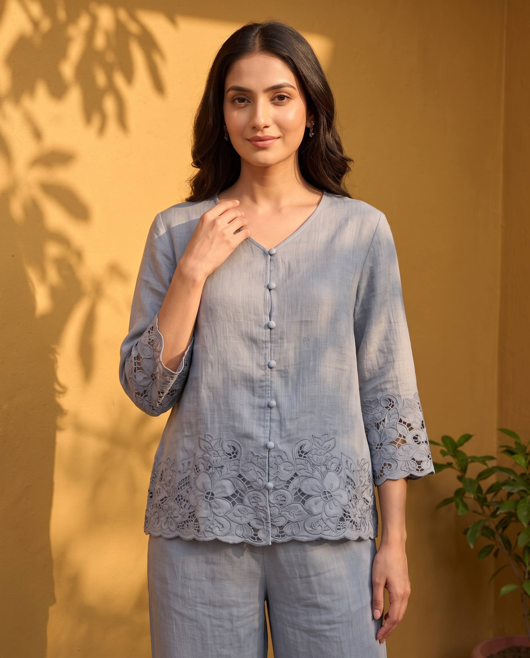 Misty Blue Lace Hem European Linen Top - Grey Blue
