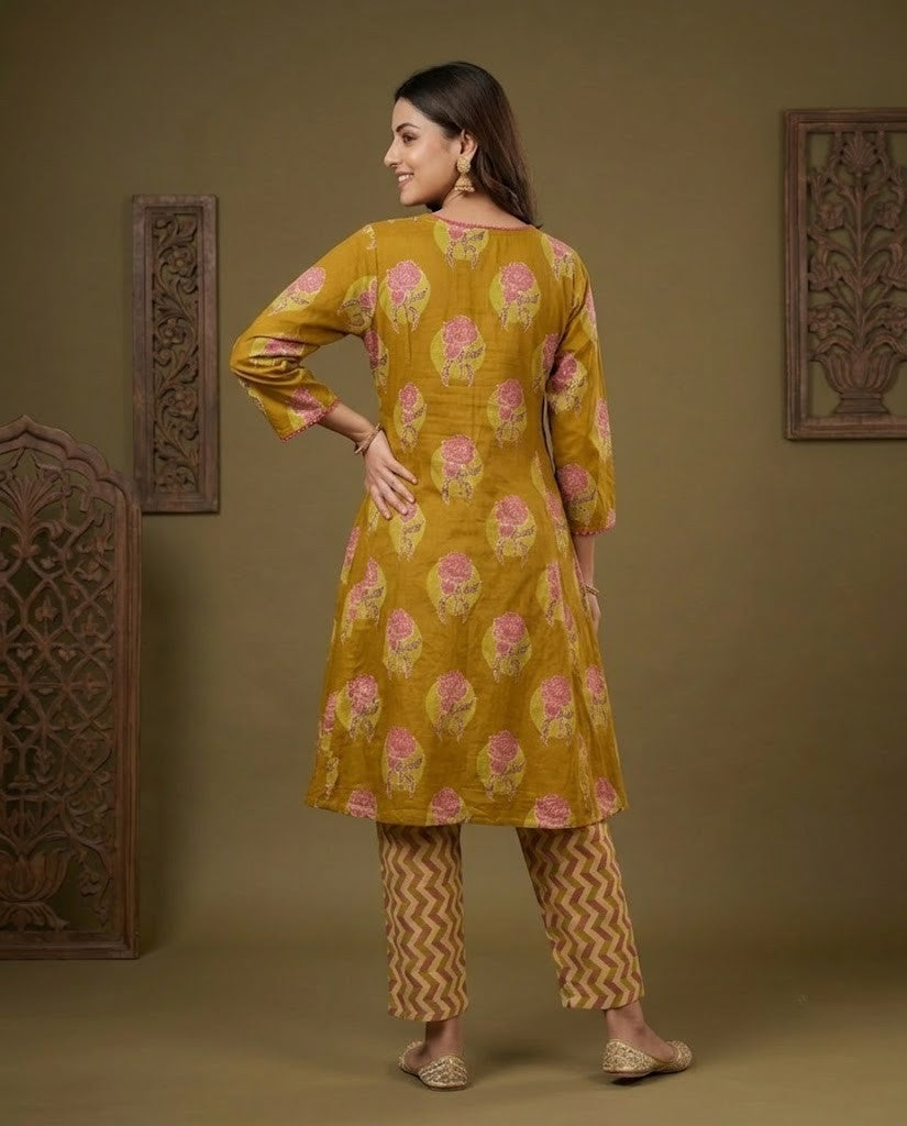 MUSTARD YELLOW FLORAL DESIGN PREMIUM COTTON KURTA PANT SET