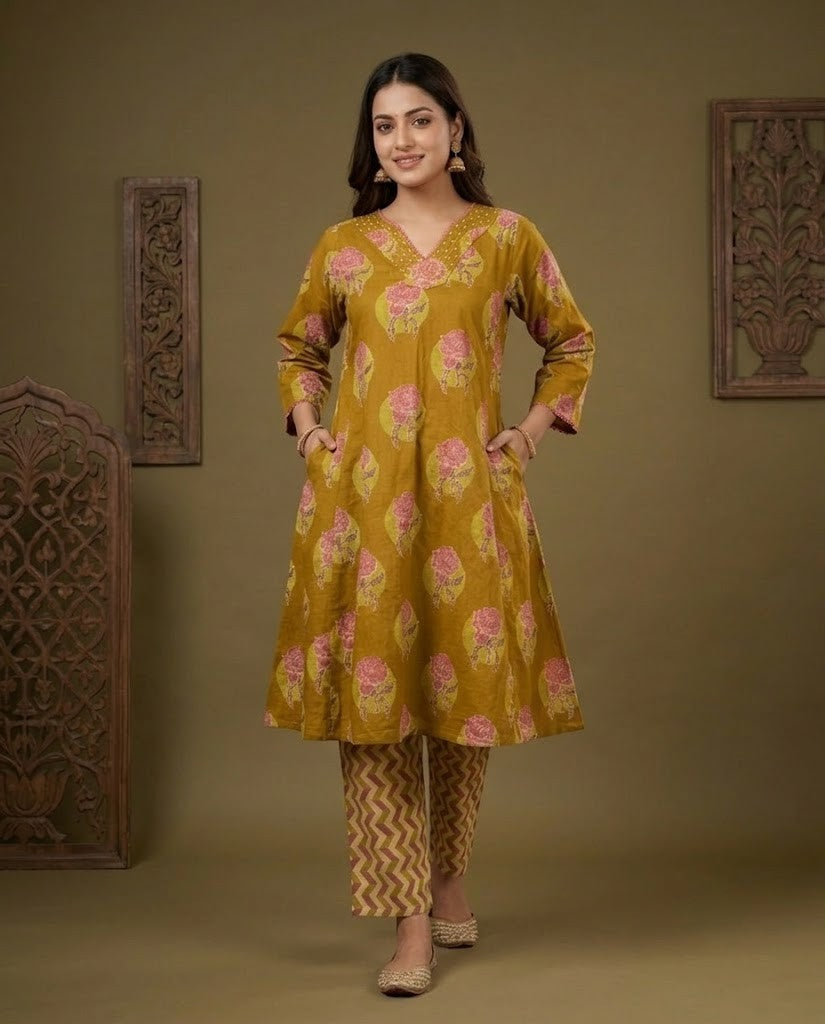 MUSTARD YELLOW FLORAL DESIGN PREMIUM COTTON KURTA PANT SET