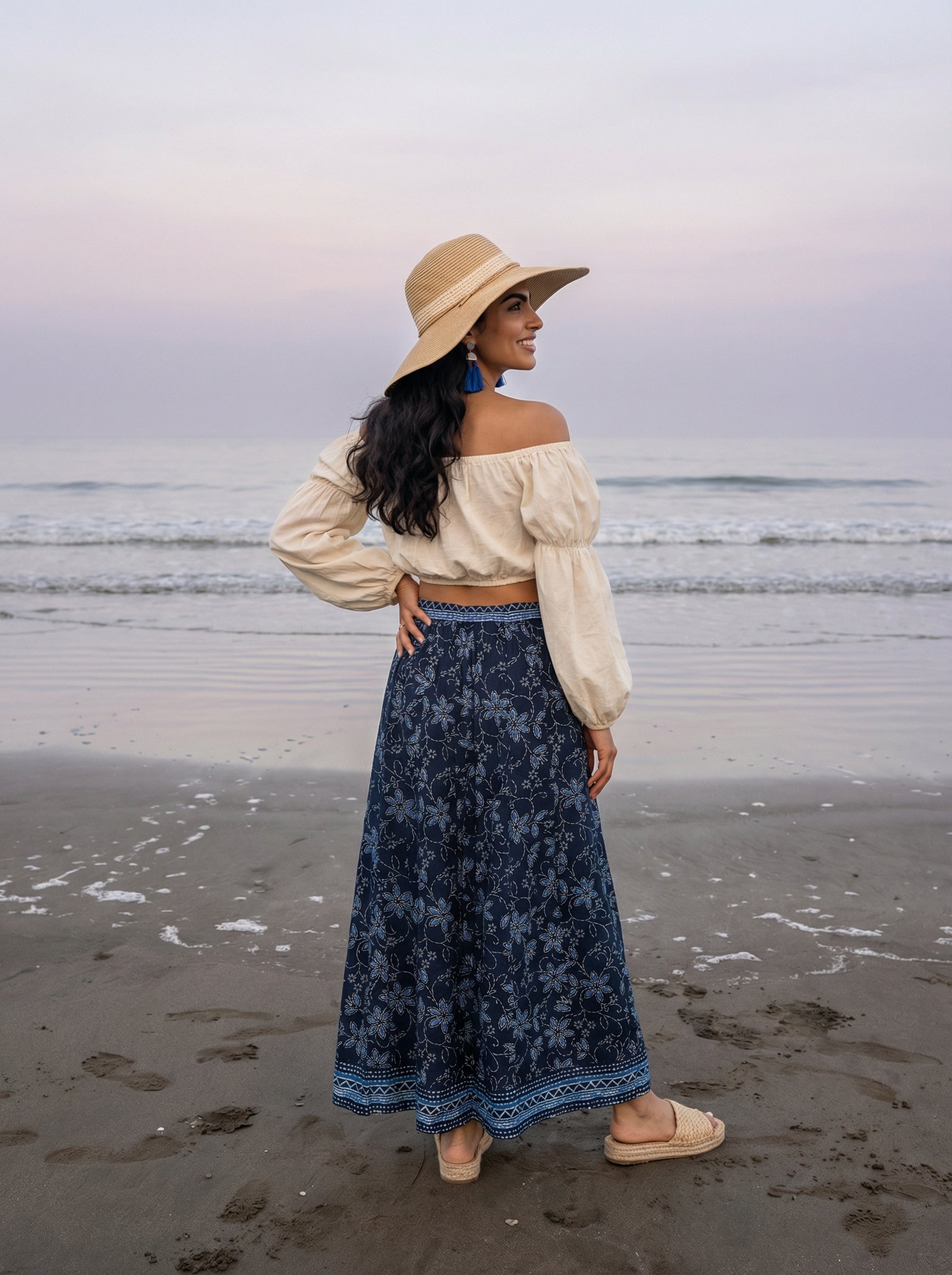 Handprinted Cotton Maxi Indigo Blue Skirt