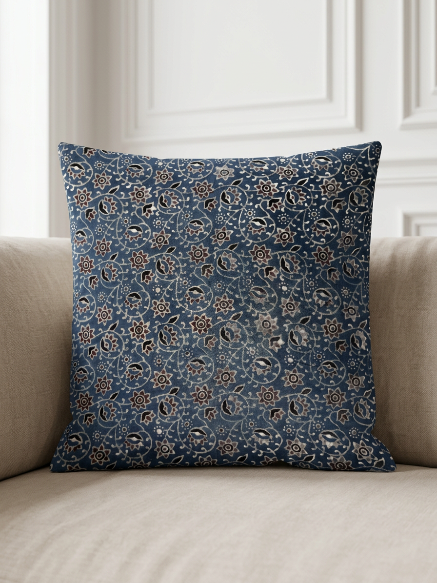 Ajrakh Modal Swirling Blossom Vine Blue Cushion Cover