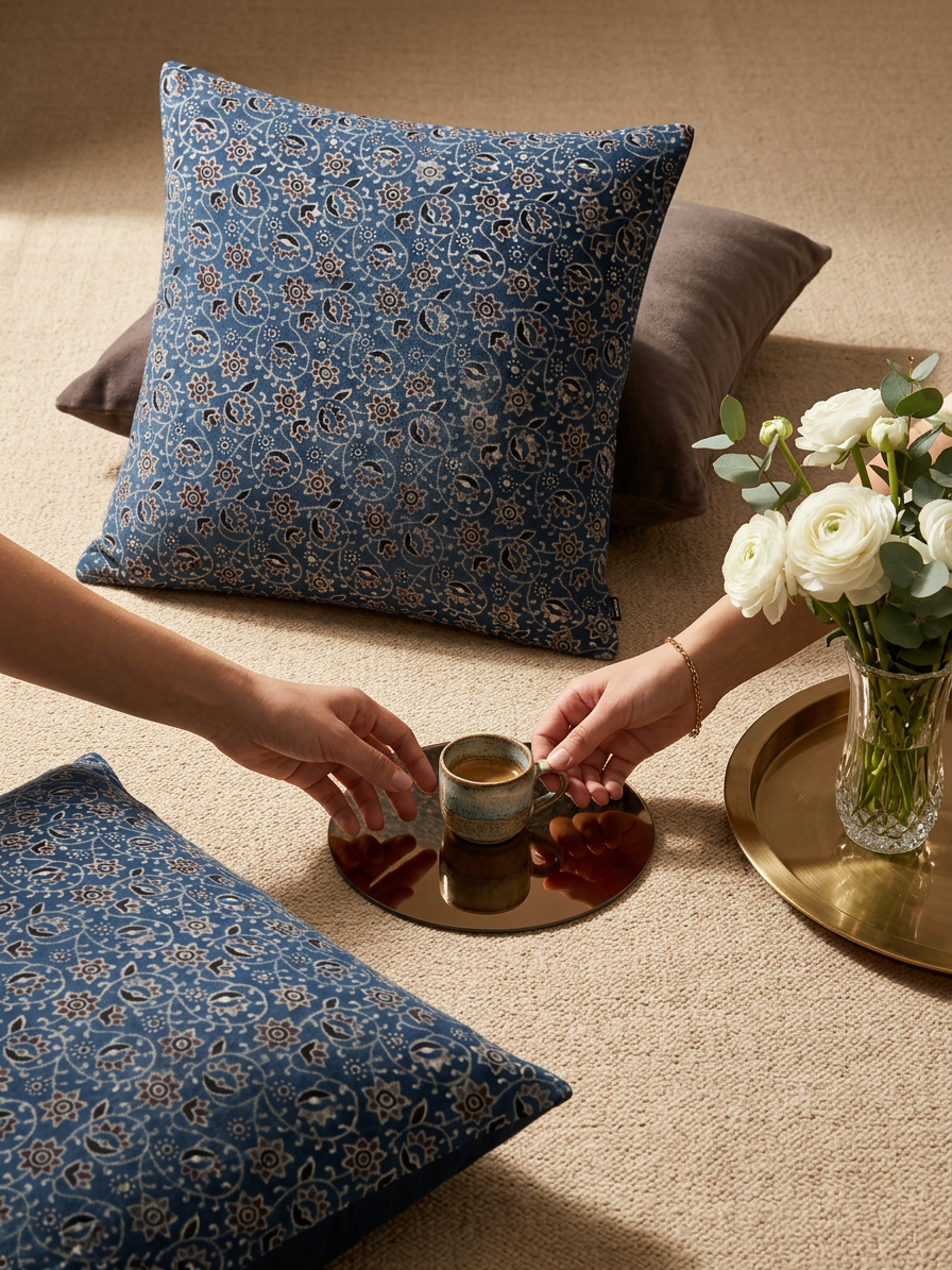 Ajrakh Modal Swirling Blossom Vine Blue Cushion Cover