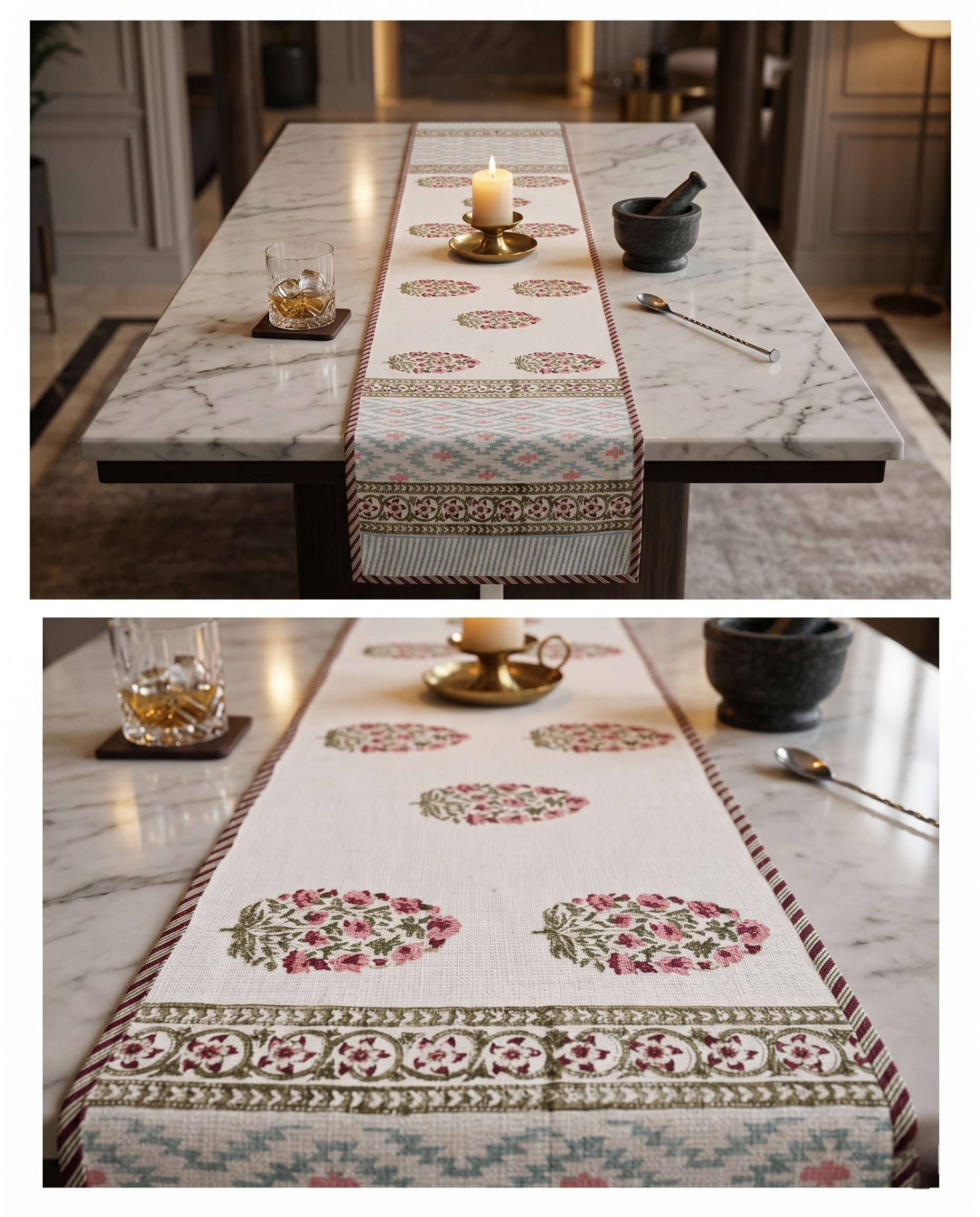 FLORAL PRINT JUTE TABLE RUNNER (REVERSIBLE, HANDBLOCK)