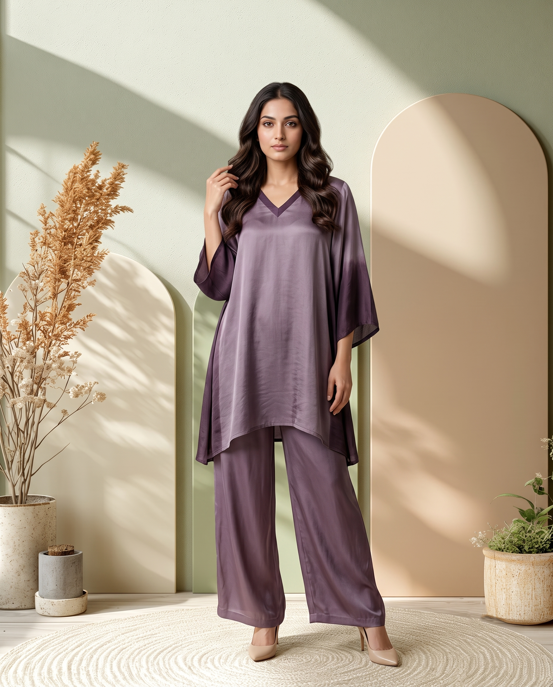 BROWN OMBRE LUXE MODAL SILK SHORT KURTA