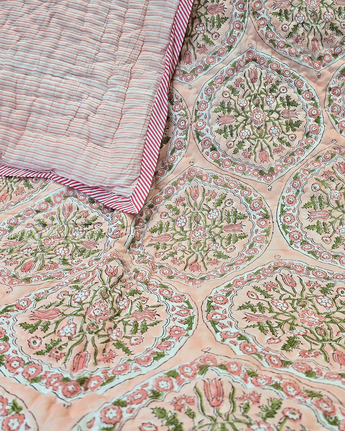 GULBAHAR PEACH HAND BLOCK REVERSIBLE QUILT