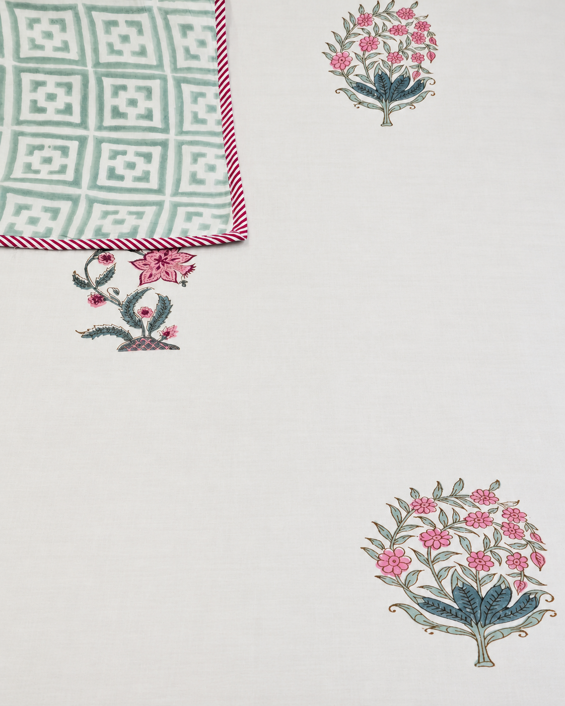 ROSE BLOSSOM IVORY HAND BLOCK COTTON DOUBLE DOHAR