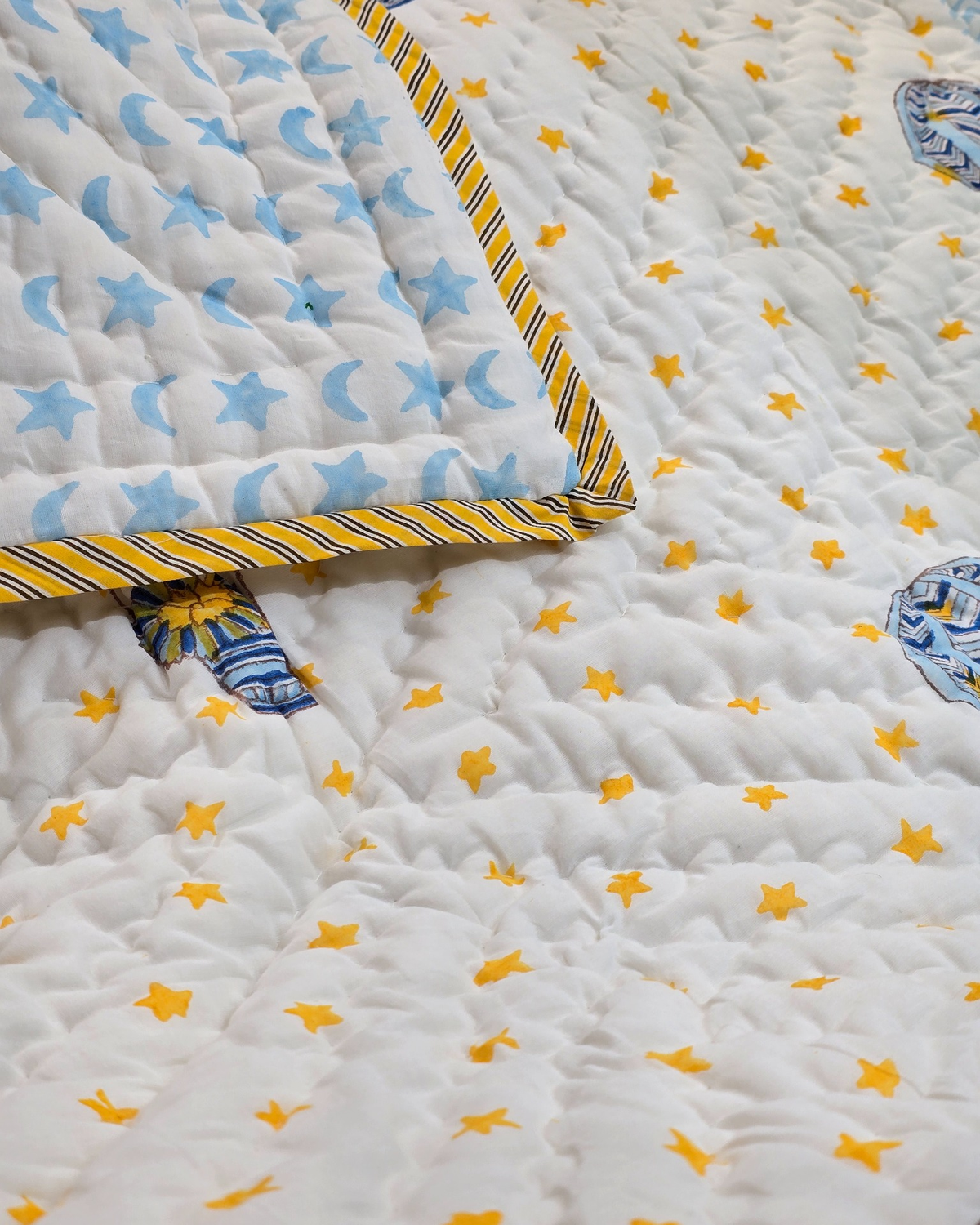 STARRY MOON DREAMS HAND BLOCK BABY REVERSIBLE QUILT