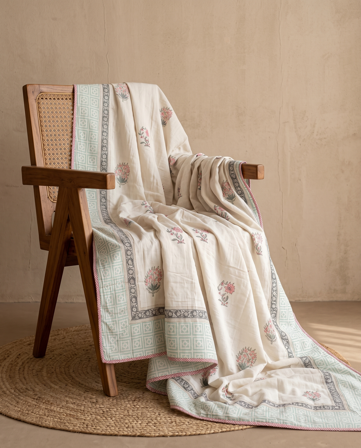 ROSE BLOSSOM IVORY HAND BLOCK COTTON DOUBLE DOHAR
