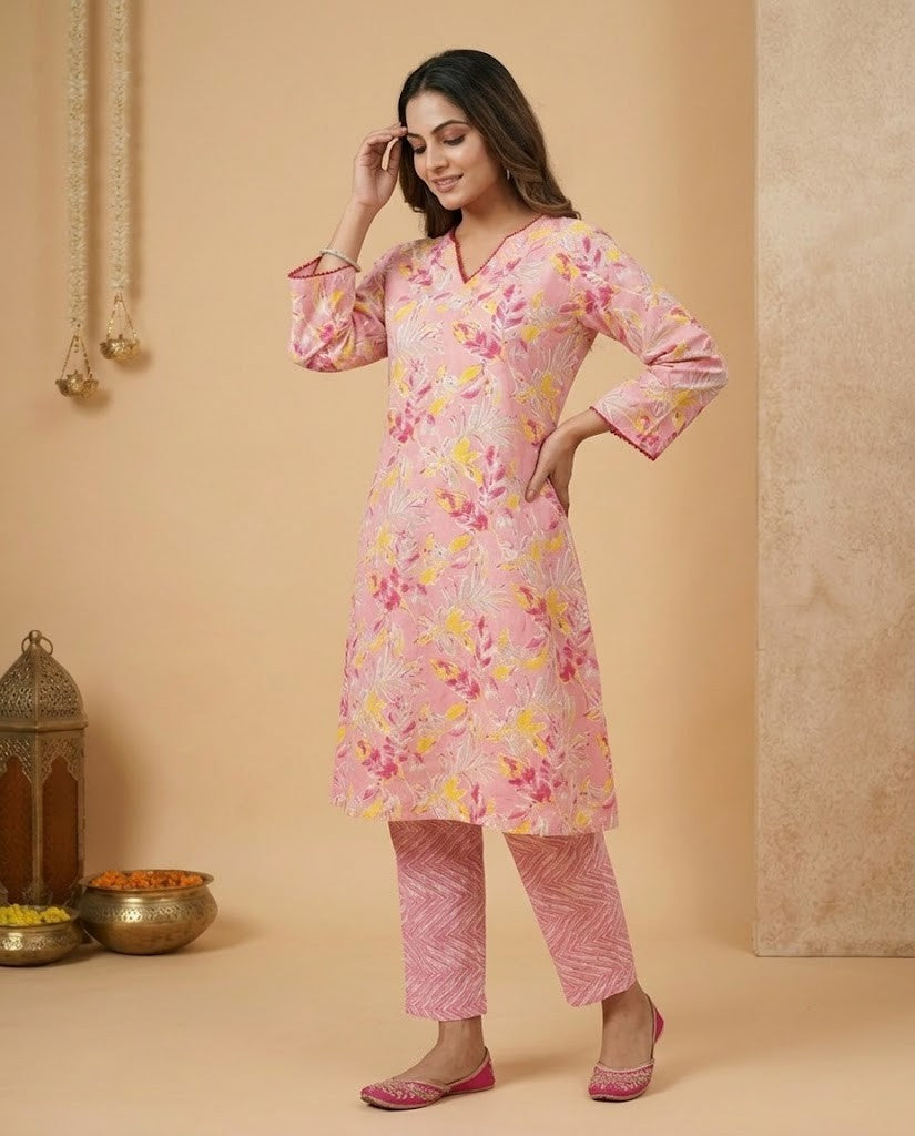 PREMIUM COTTON PINK FLORAL A-LINE KURTI WITH STRAIGHT PANTS