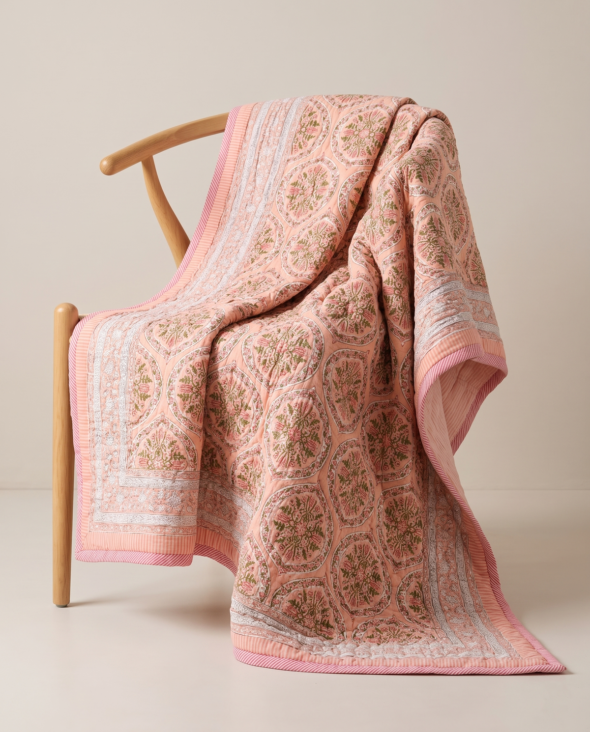 GULBAHAR PEACH HAND BLOCK REVERSIBLE QUILT