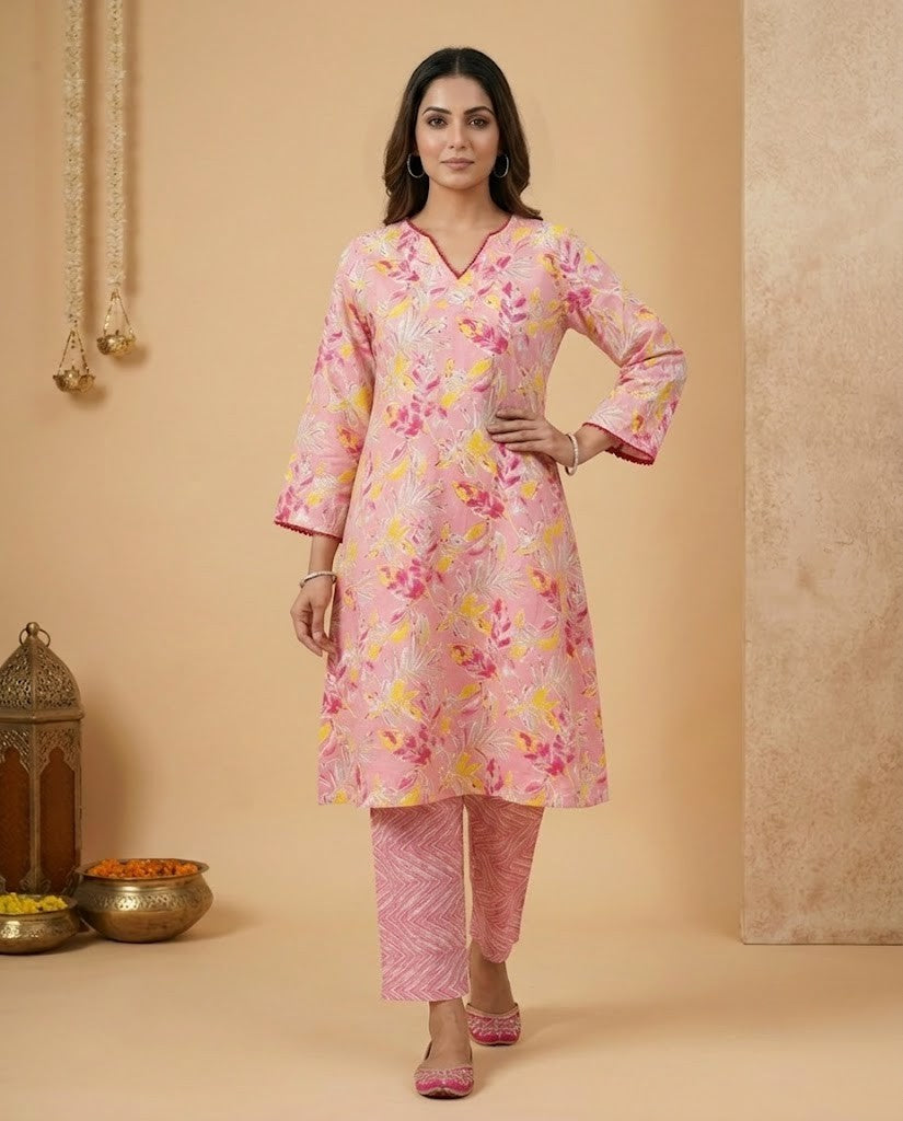 PREMIUM COTTON PINK FLORAL A-LINE KURTI WITH STRAIGHT PANTS