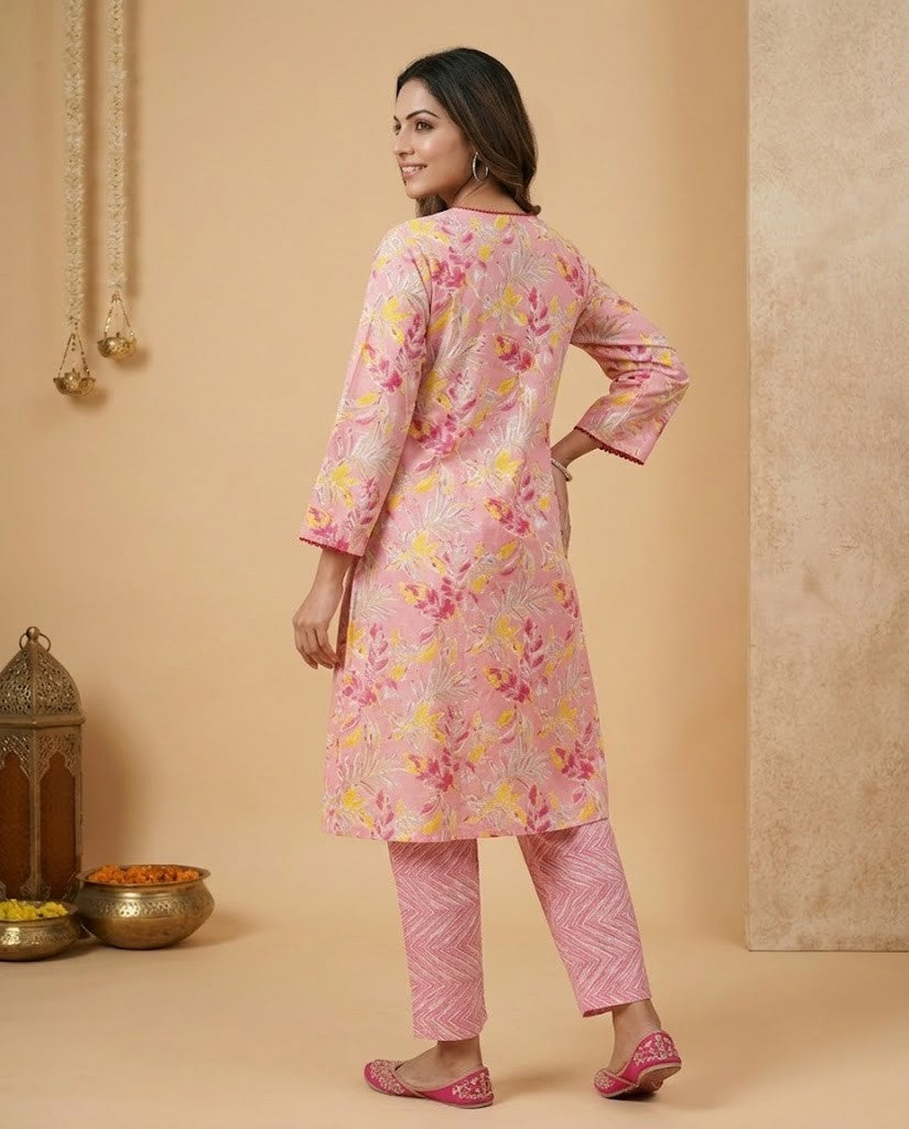 PREMIUM COTTON PINK FLORAL A-LINE KURTI WITH STRAIGHT PANTS