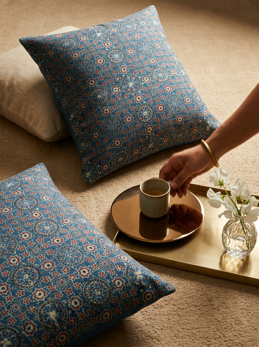 Ajrakh Modal Star Circle Bloom Blue Cushion Cover