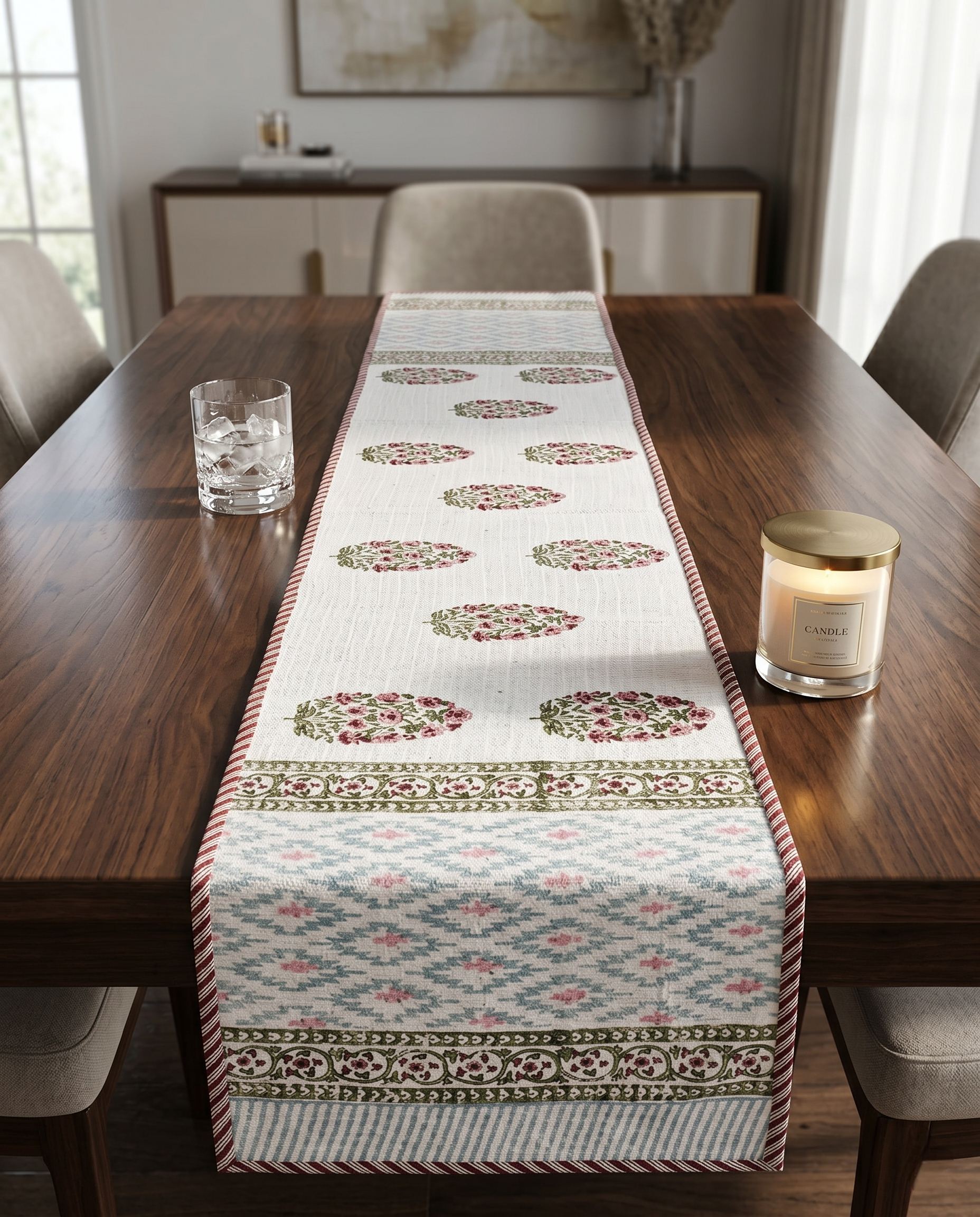 FLORAL PRINT JUTE TABLE RUNNER (REVERSIBLE, HANDBLOCK)