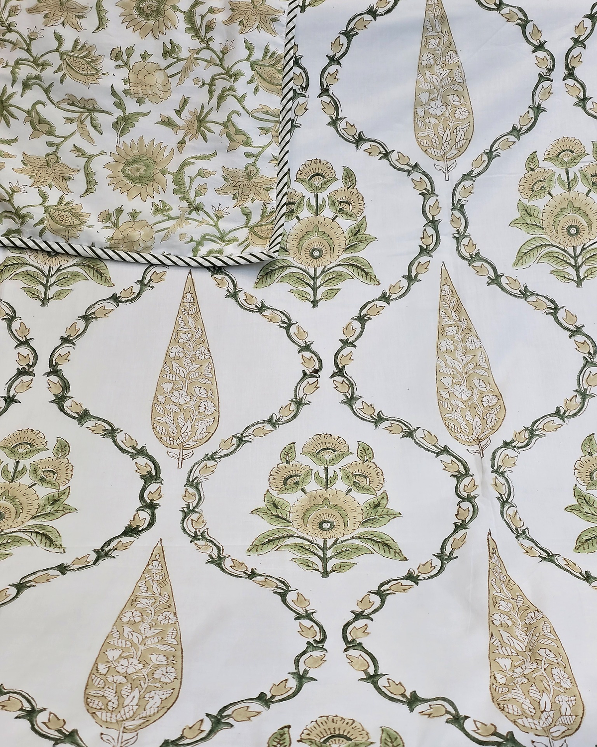 Mehrun Ivory Sage Green Hand Block Cotton Dohar