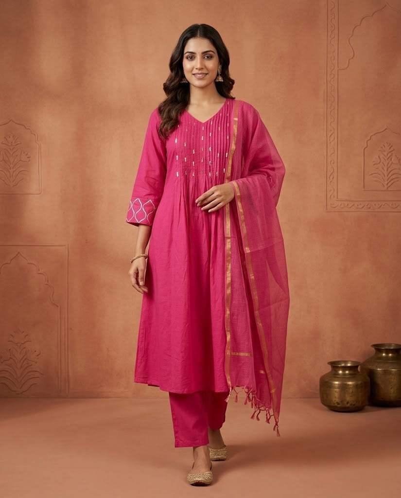 PINTUCK DETAILED RANI PINK PREMIUM COTTON 3PC KPD SET
