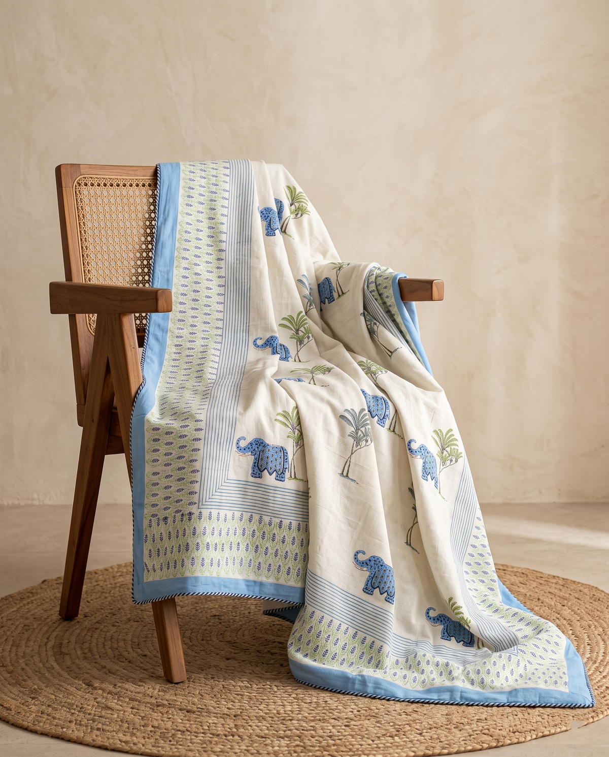 Blue Elephant Safari Hand Block Cotton Double Dohar