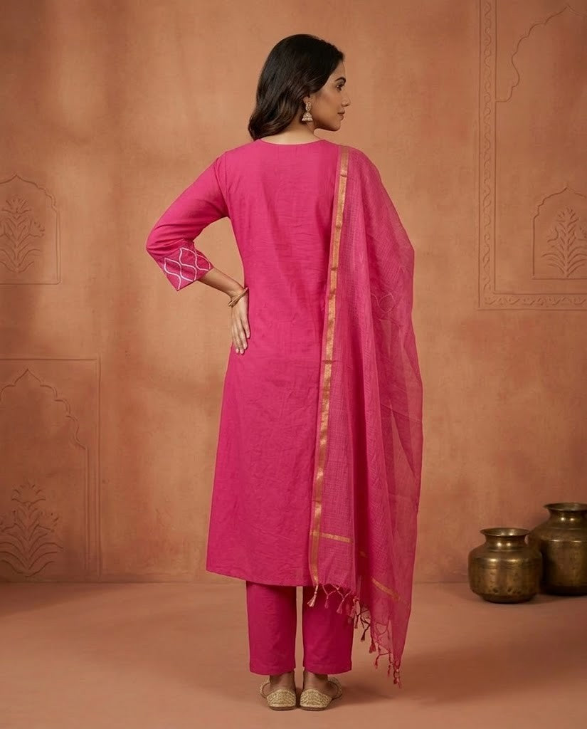 PINTUCK DETAILED RANI PINK PREMIUM COTTON 3PC KPD SET