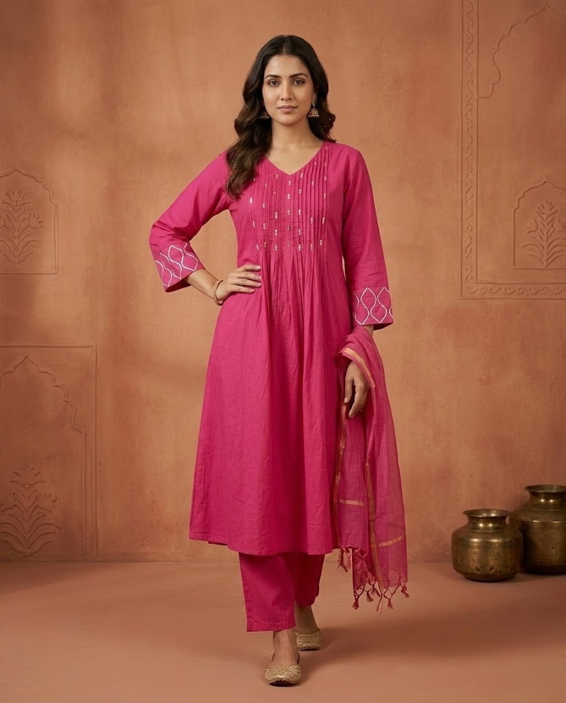 PINTUCK DETAILED RANI PINK PREMIUM COTTON 3PC KPD SET