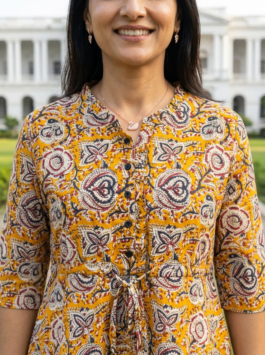 KALAMKARI MUSTARD COTTON SHORT DRESS