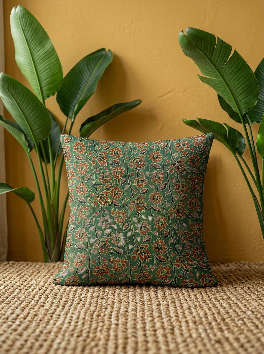 Ajrakh Modal Lotus Cascade Green Cushion Cover