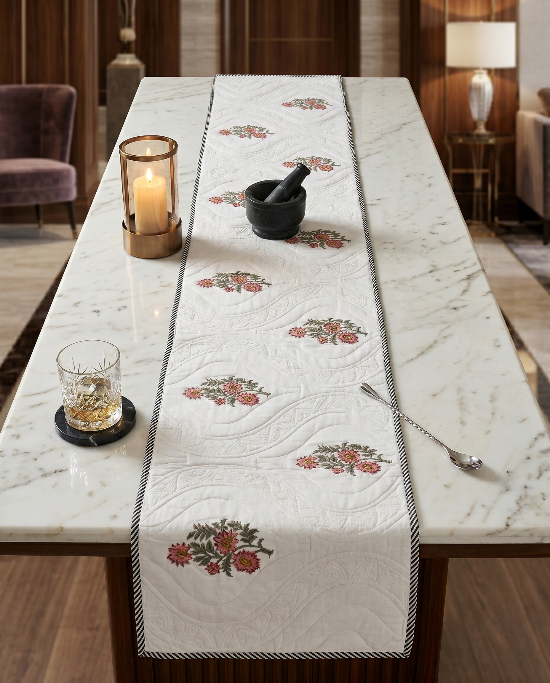 QUILTED TABLE RUNNER WITH FLORAL EMBROIDERY (REVERSIBLE, HANDBLOCK)