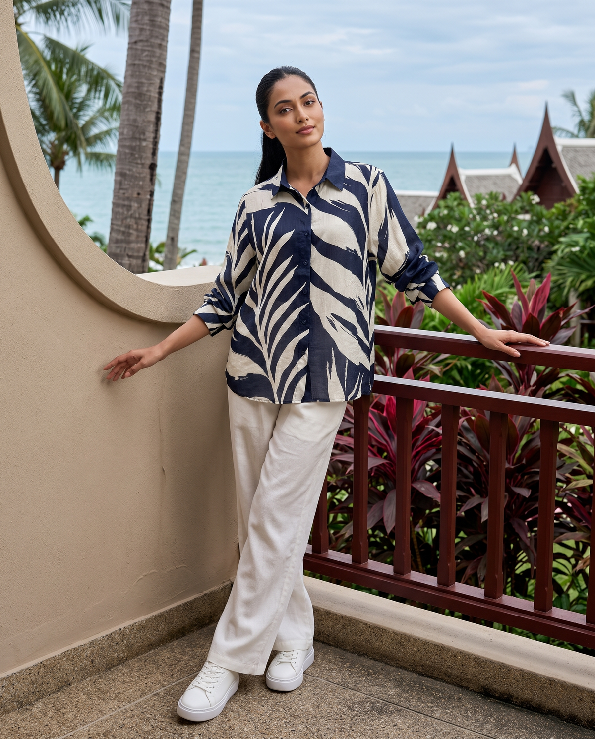 Bamboo Silk 150 GM Navy Blue Tropical Leaf Shirt