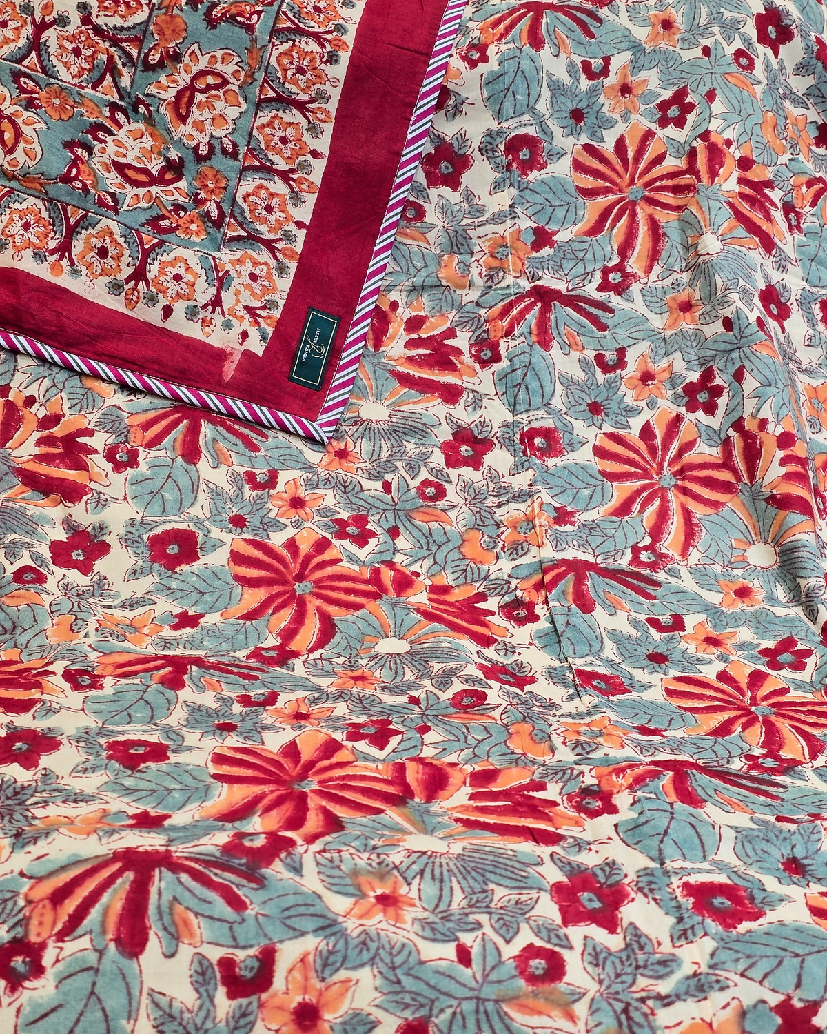 Ruby Blossom Floral Hand Block Cotton Double Dohar