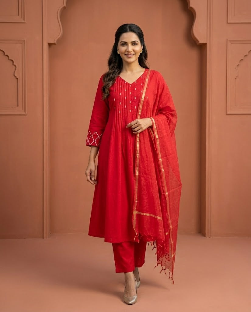 HANDWORKED BRIGHT RED PREMIUM COTTON 3PC KPD SET