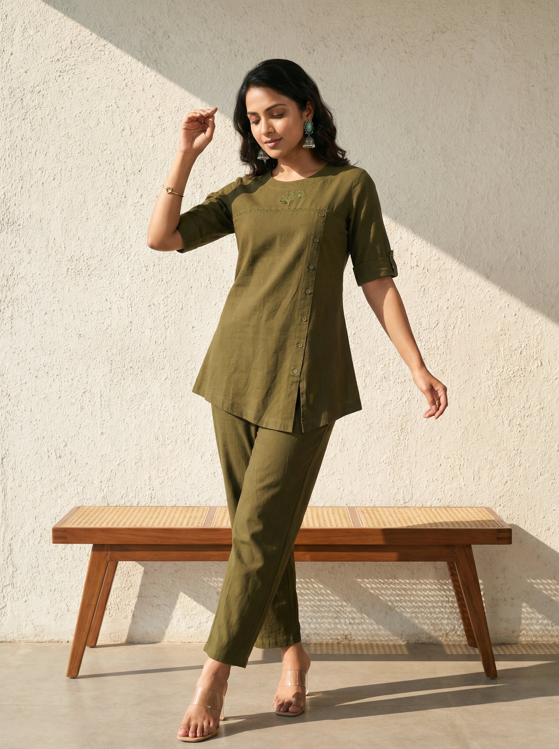 Solid Hues Violet Military Green Linen Cordset
