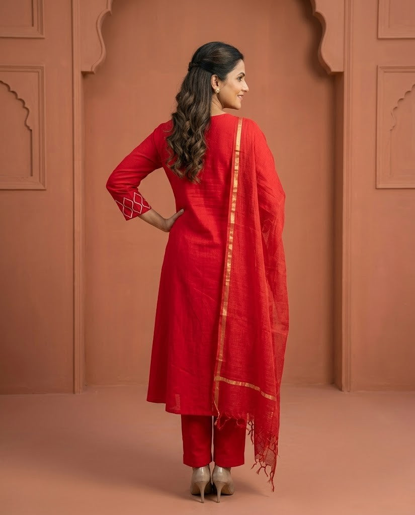 HANDWORKED BRIGHT RED PREMIUM COTTON 3PC KPD SET