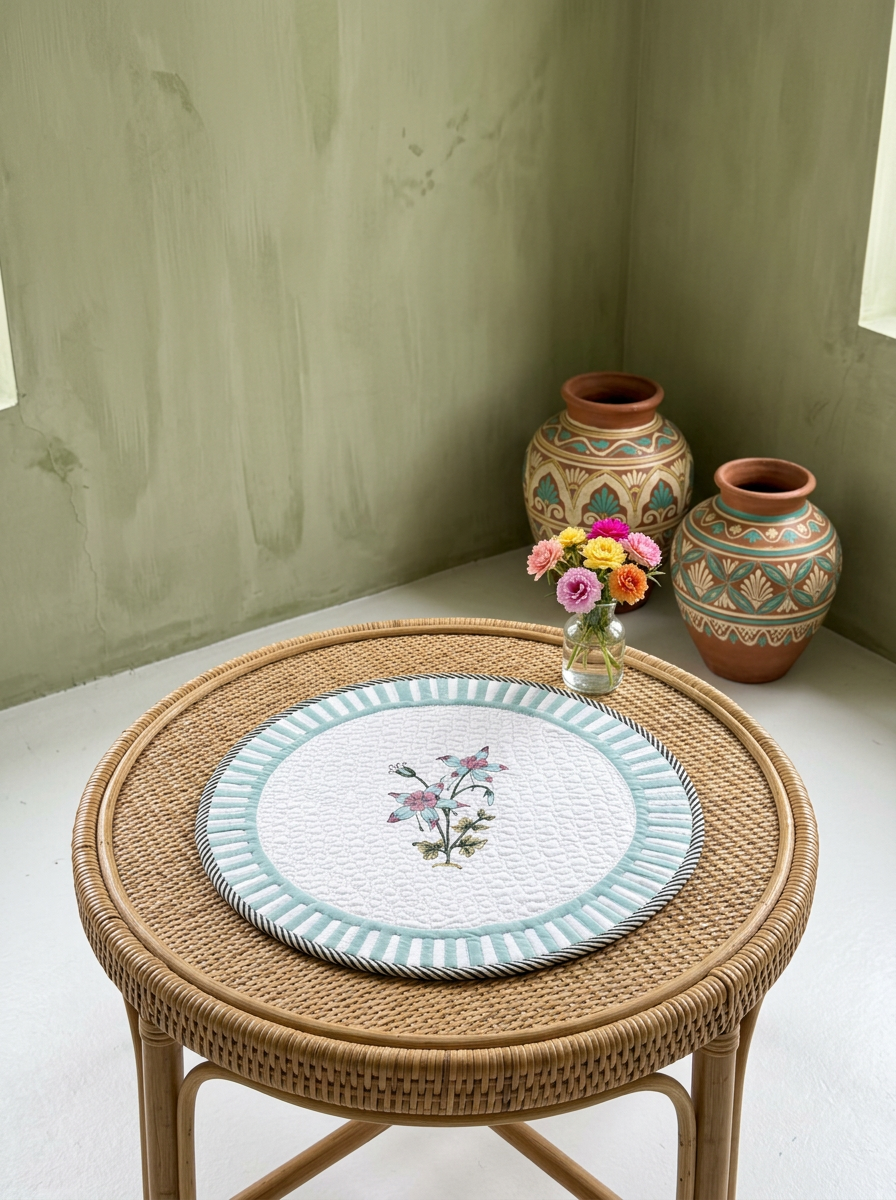 Quilted Blush Mint Floral Round Mat