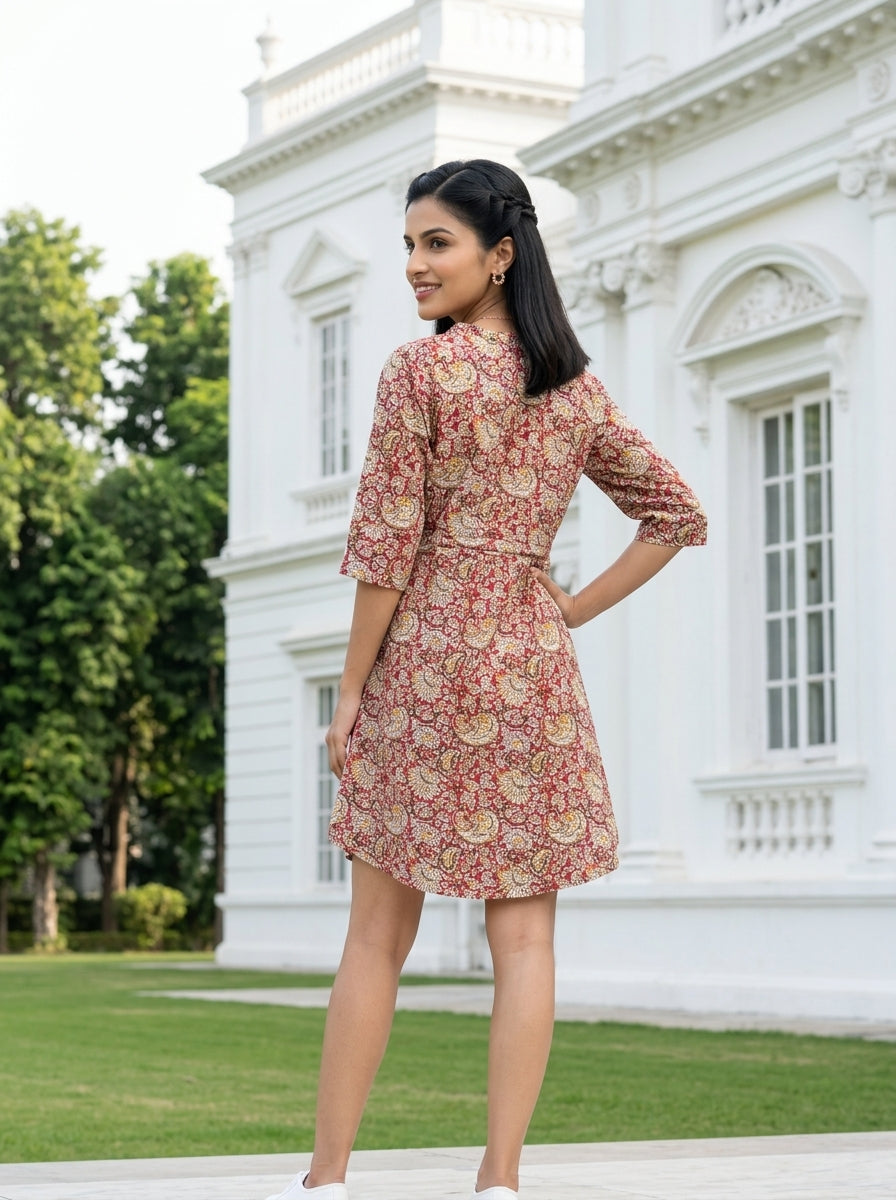 KALAMKARI BRICK RED COTTON SHORT DRESS