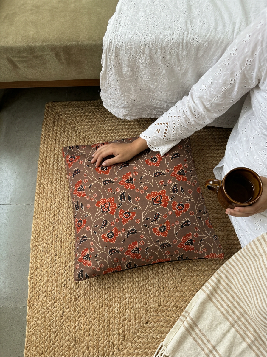 Ajrakh Modal Dancing Dahlias Brown Cushion Cover