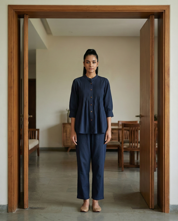Navy Blue Pintuck Cotton Linen Cordset