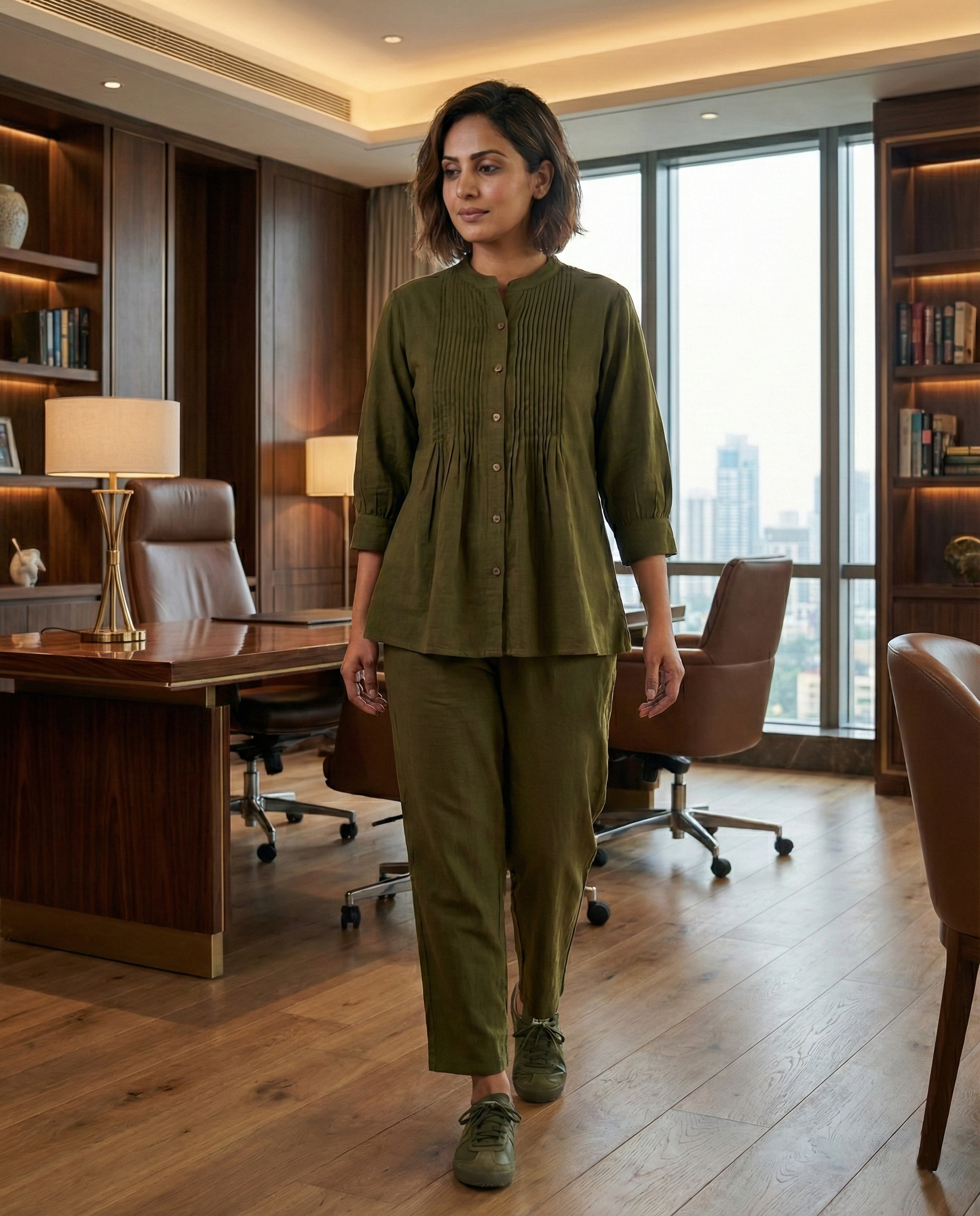 Olive Pintuck Cotton Cordset
