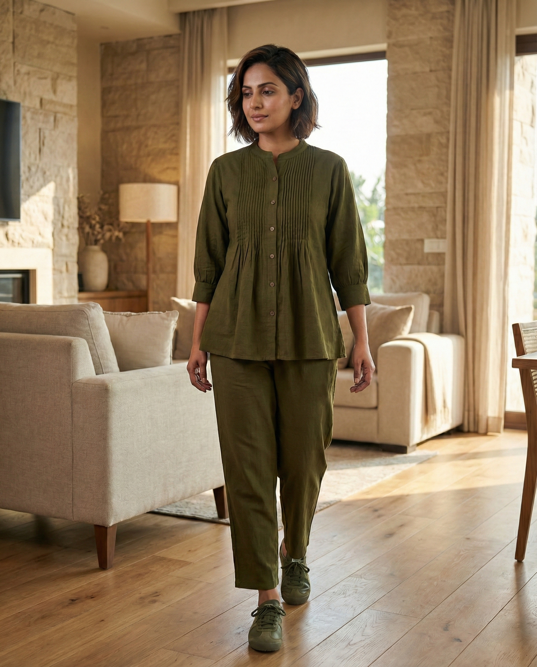 Olive Pintuck Cotton Cordset