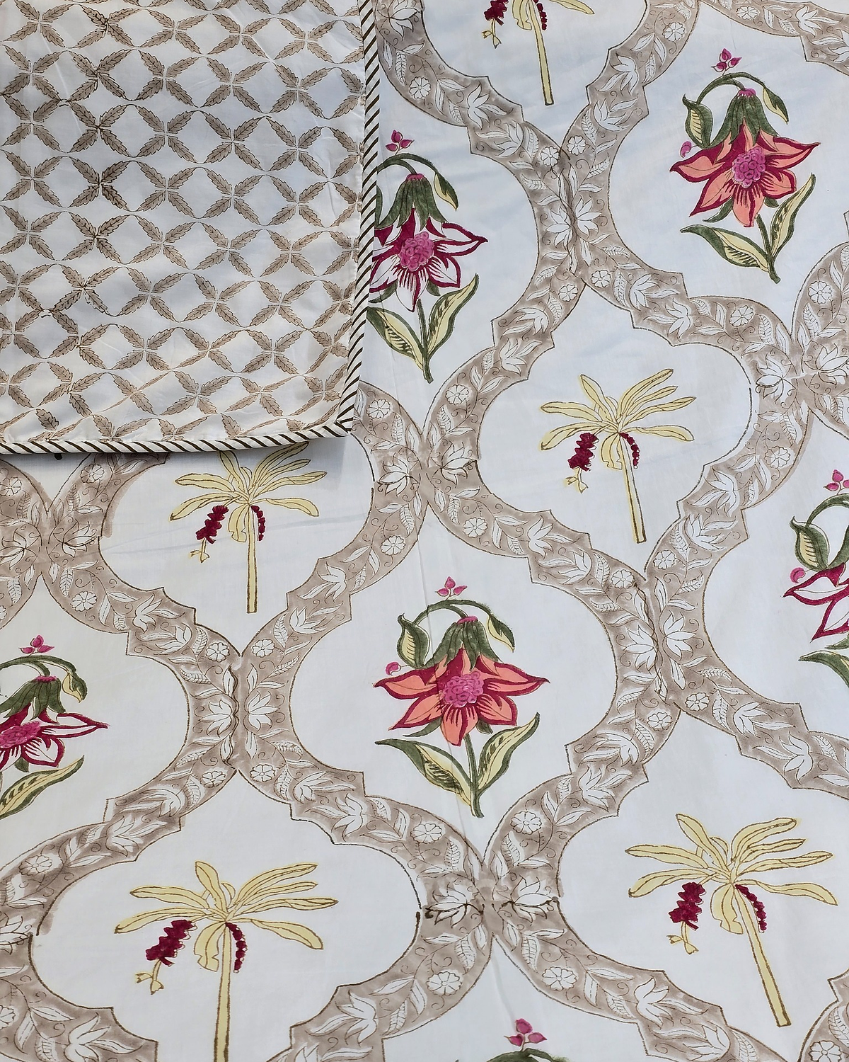 Gulnoor Ivory Pink Floral Hand Block Cotton Dohar