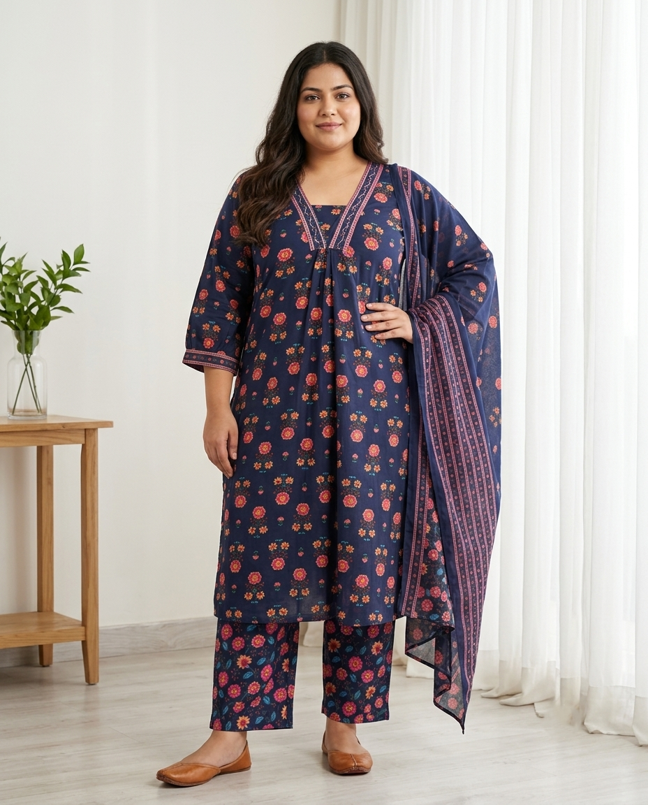 ELARA FLORAL 3 PC SET - NAVY BLUE