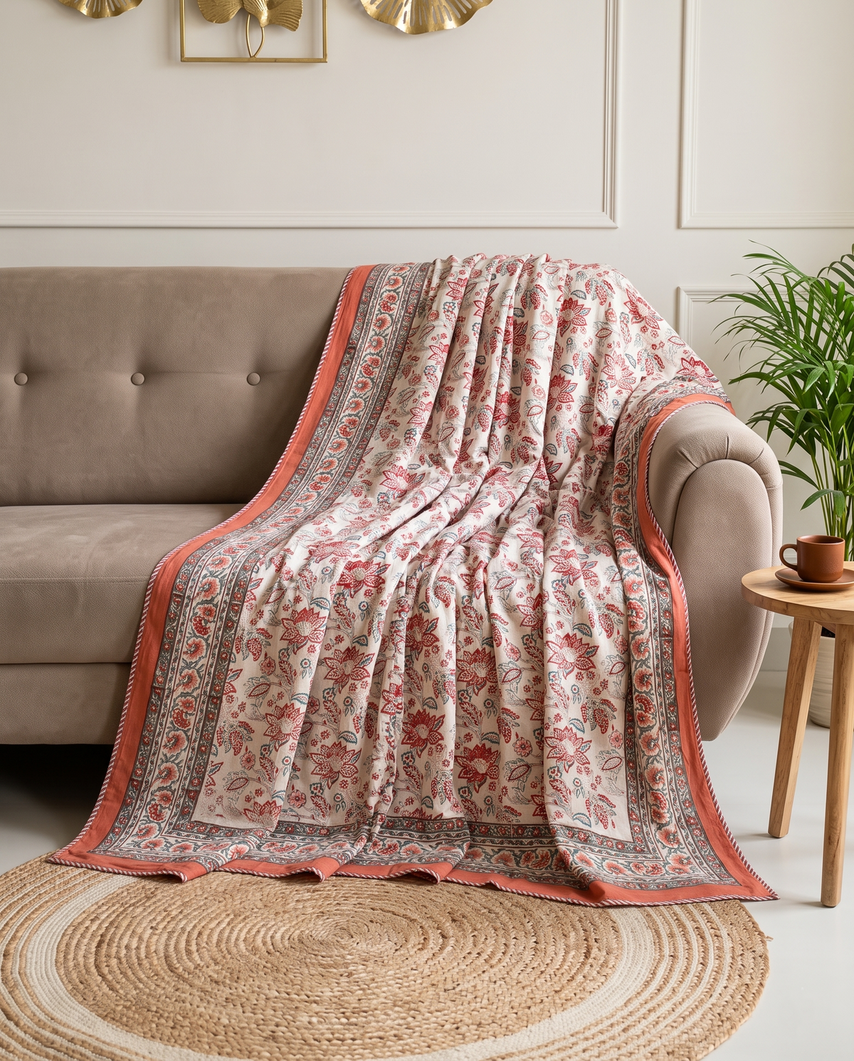 TERRACOTTA LOTUS BLOOM HAND BLOCK COTTON DOUBLE DOHAR